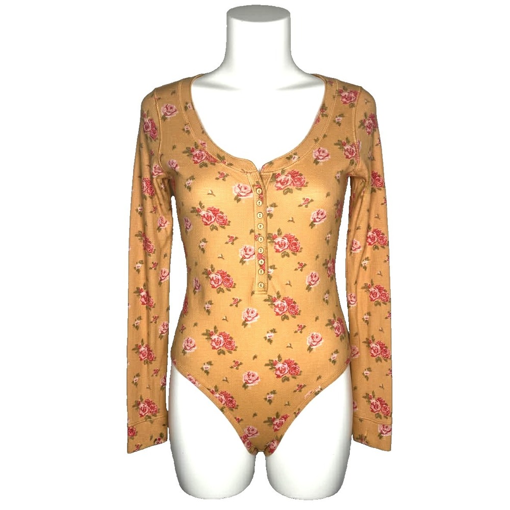 Intimately Free People Dylan Thermal Floral Rose Henley Bodysuit Women's Small